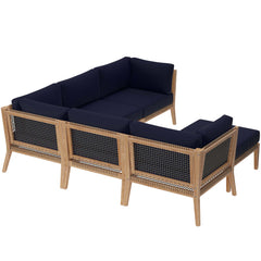 Clearwater Gray/Navy 6-Piece Outdoor Patio Teak Wood Sectional Sofa - 87x87" - Ornate Home