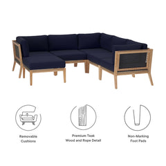 Clearwater Gray/Navy 6-Piece Outdoor Patio Teak Wood Sectional Sofa - 87x87" - Ornate Home