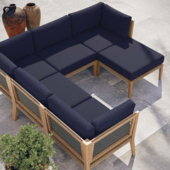 Clearwater Gray/Navy 6-Piece Outdoor Patio Teak Wood Sectional Sofa - 87x87" - Ornate Home