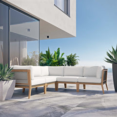 Clearwater Gray/White 5-Piece Outdoor Patio Teak Wood Sectional Sofa - Ornate Home