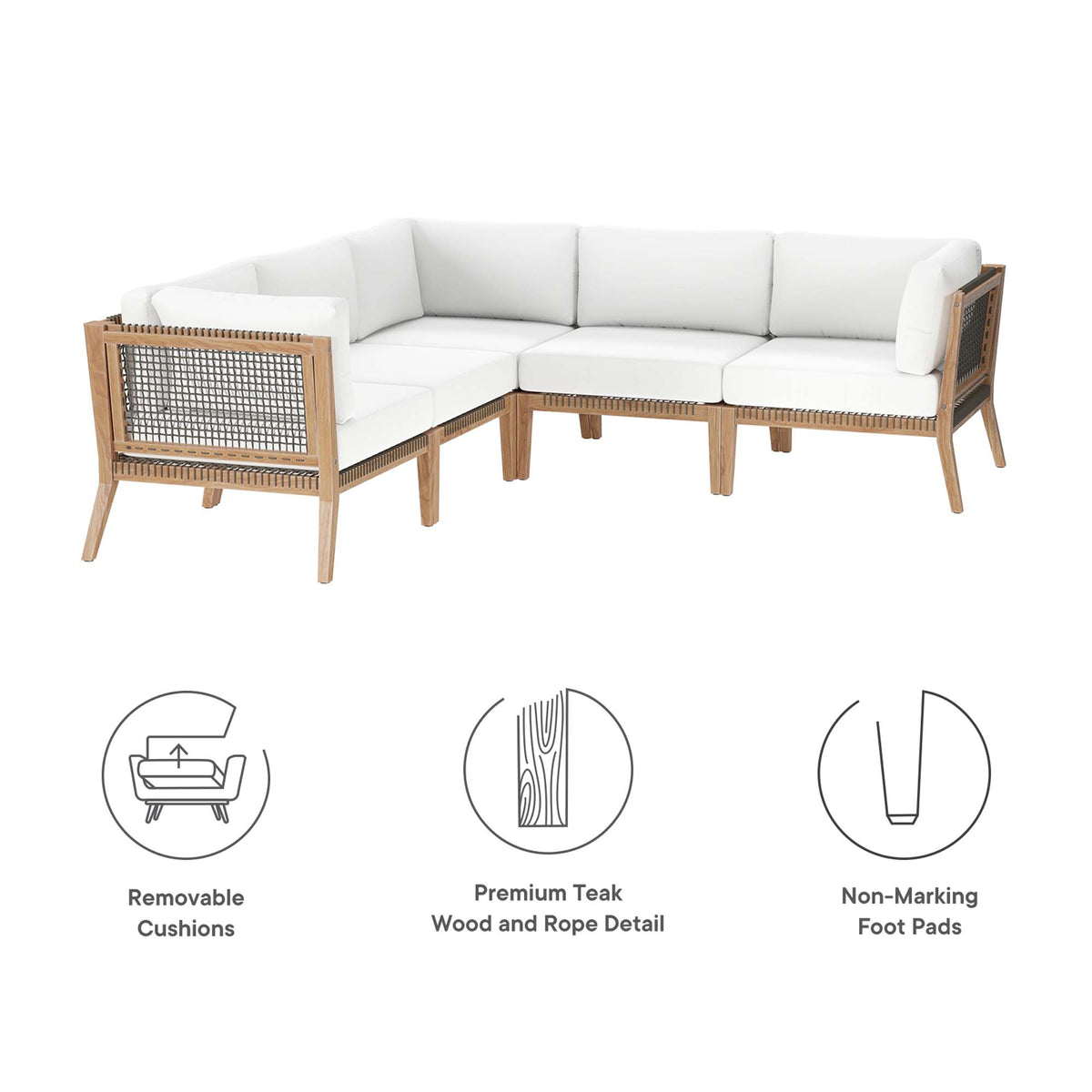 Clearwater Gray/White 5-Piece Outdoor Patio Teak Wood Sectional Sofa - Ornate Home