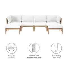 Clearwater Gray/White 6-Piece Outdoor Patio Teak Wood Sectional Sofa - 55x116" - Ornate Home