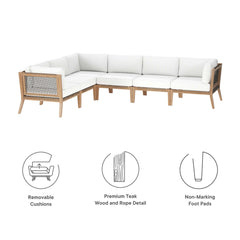 Clearwater Gray/White 6-Piece Outdoor Patio Teak Wood Sectional Sofa - 87x116" - Ornate Home