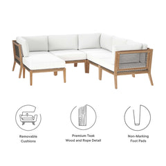 Clearwater Gray/White 6-Piece Outdoor Patio Teak Wood Sectional Sofa - 87x87" - Ornate Home