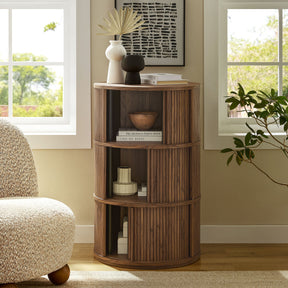 Clement Walnut Round Pedestal Stand Storage Table With Sliding Tambour Doors - Ornate Home