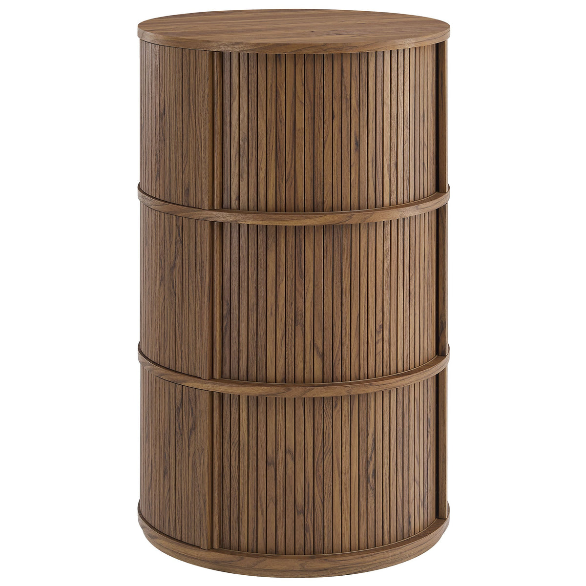Clement Walnut Round Pedestal Stand Storage Table With Sliding Tambour Doors - Ornate Home