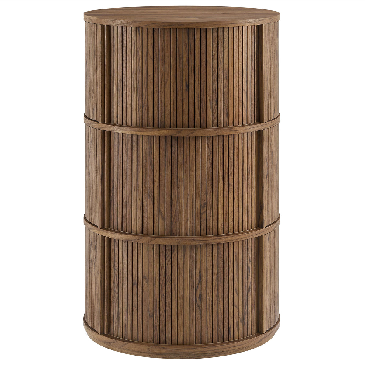 Clement Walnut Round Pedestal Stand Storage Table With Sliding Tambour Doors - Ornate Home