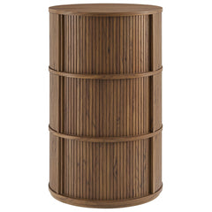 Clement Walnut Round Pedestal Stand Storage Table With Sliding Tambour Doors - Ornate Home