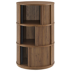 Clement Walnut Round Pedestal Stand Storage Table With Sliding Tambour Doors - Ornate Home