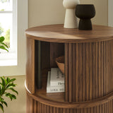 Clement Walnut Round Pedestal Stand Storage Table With Sliding Tambour Doors - Ornate Home