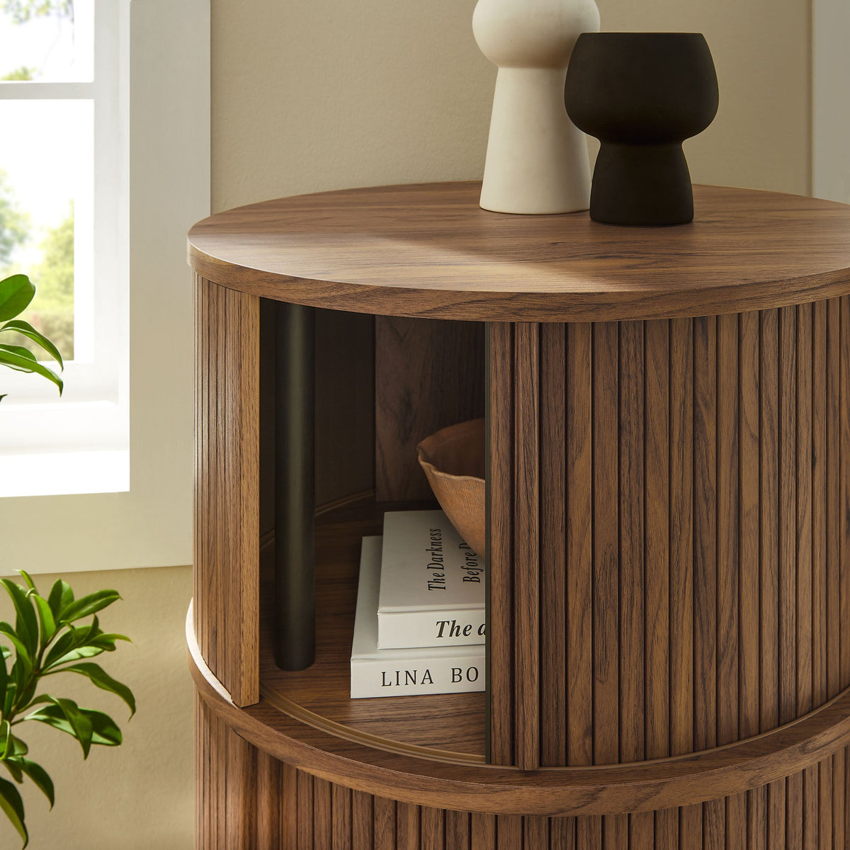 Clement Walnut Round Pedestal Stand Storage Table With Sliding Tambour Doors - Ornate Home