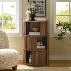 Clement Walnut Round Pedestal Stand Storage Table With Sliding Tambour Doors - Ornate Home