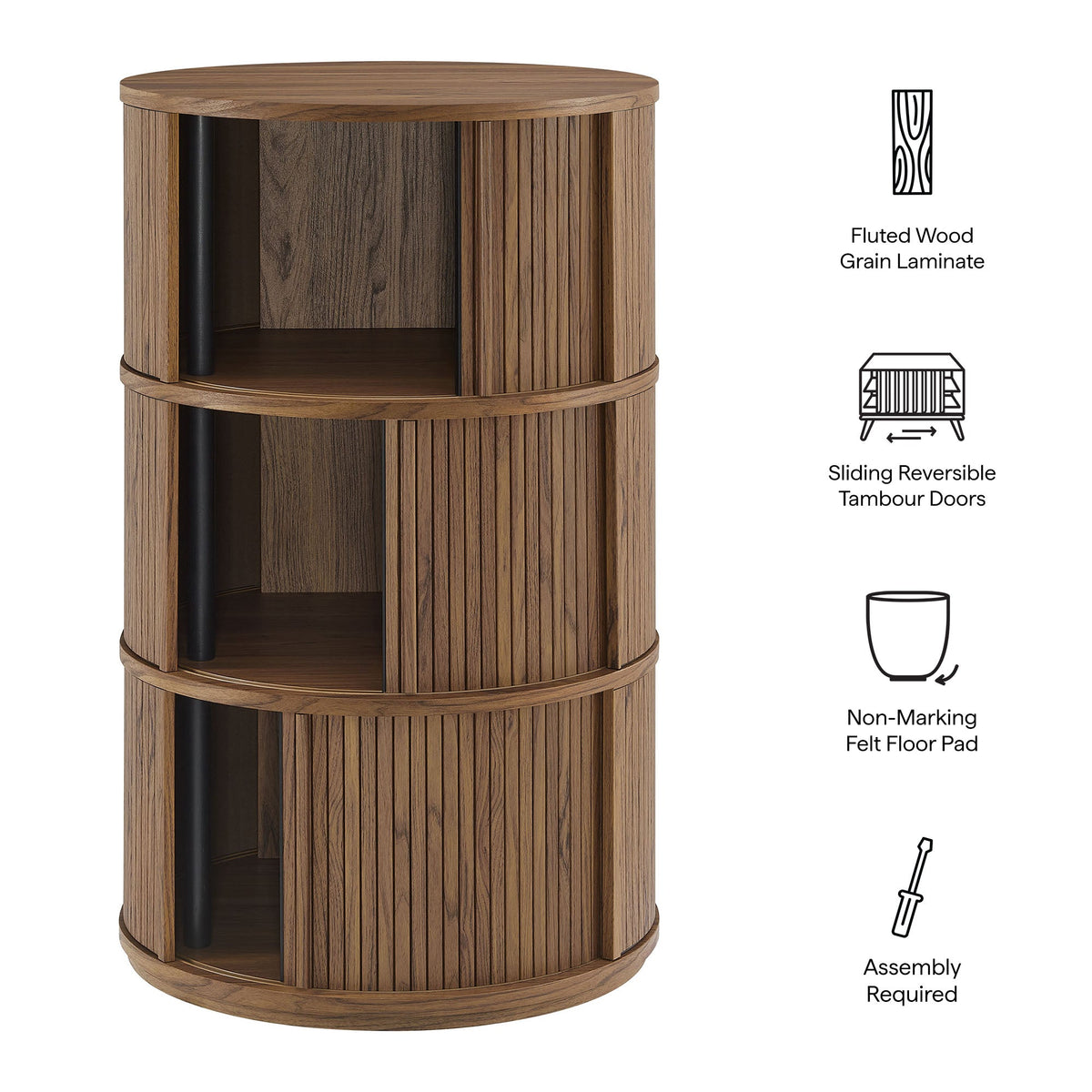 Clement Walnut Round Pedestal Stand Storage Table With Sliding Tambour Doors - Ornate Home