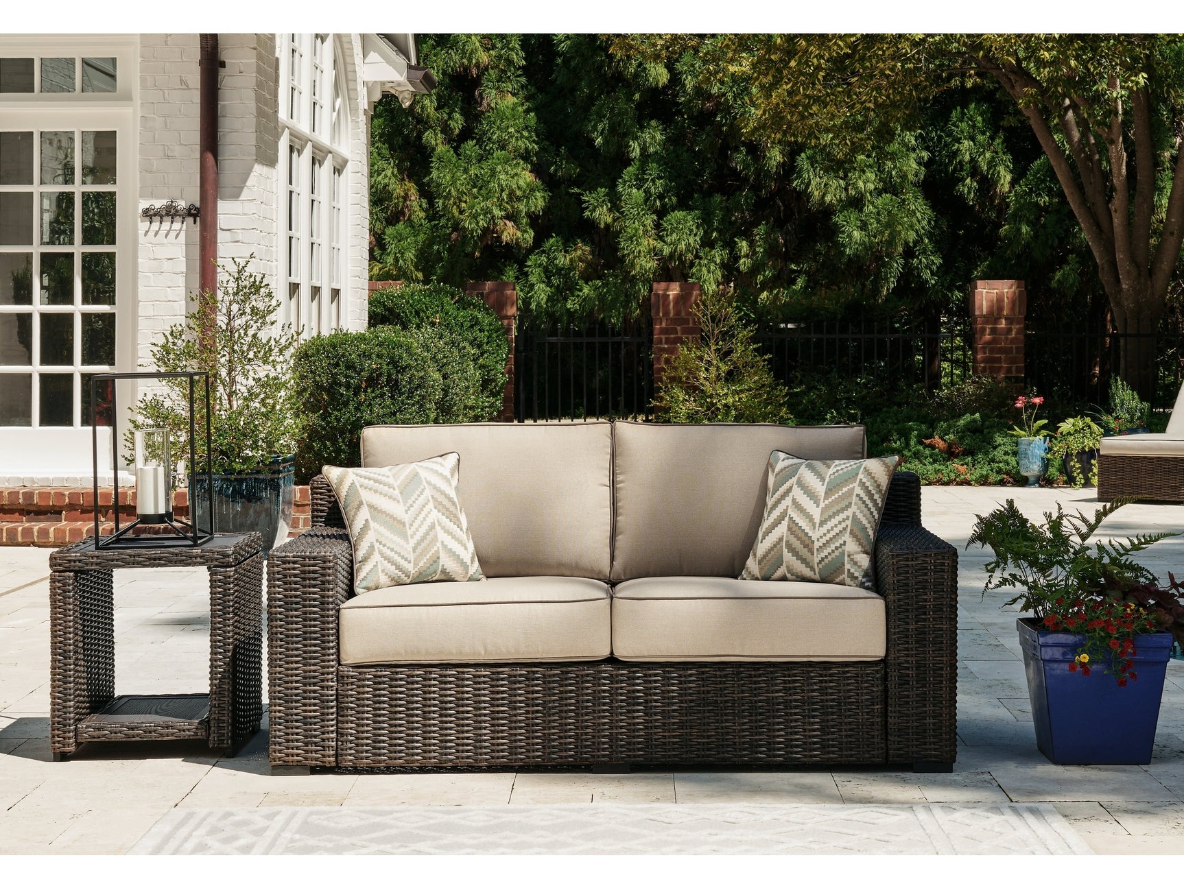Coastline Bay Brown Outdoor Loveseat with Cushion - Ornate Home