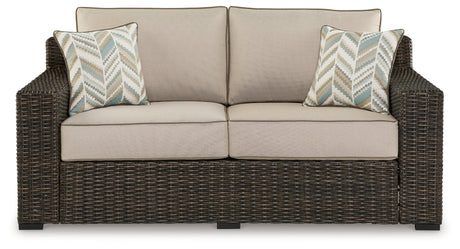 Coastline Bay Brown Outdoor Loveseat with Cushion - Ornate Home