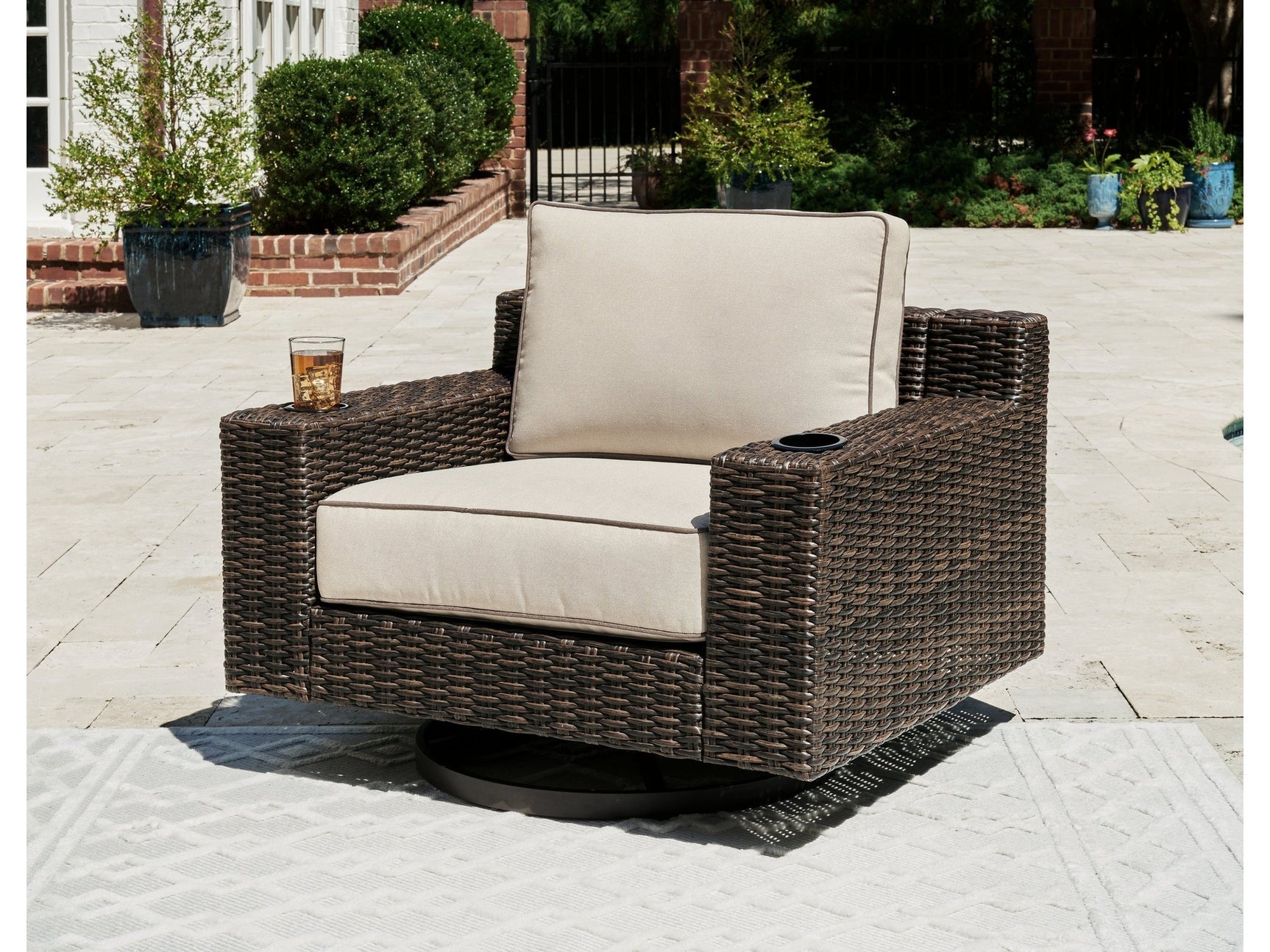 Coastline Bay Brown Outdoor Swivel Lounge with Cushion - Ornate Home
