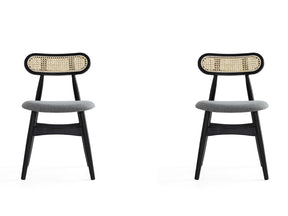 Colbert Dining Chair in Black and Cane with Grey Upholstered Seating (set of 2) - Ornate Home