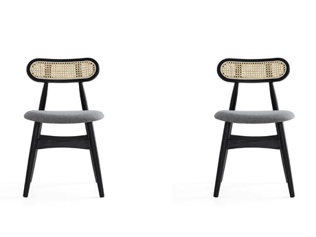Colbert Dining Chair in Black and Cane with Grey Upholstered Seating (set of 2) - Ornate Home