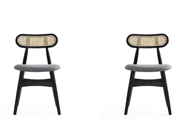 Colbert Dining Chair in Black and Cane with Grey Upholstered Seating (set of 2) - Ornate Home
