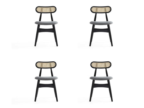 Colbert Dining Chair in Black and Cane with Grey Upholstered Seating (set of 4) - Ornate Home