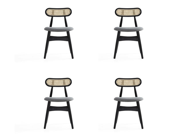 Colbert Dining Chair in Black and Cane with Grey Upholstered Seating (set of 4) - Ornate Home
