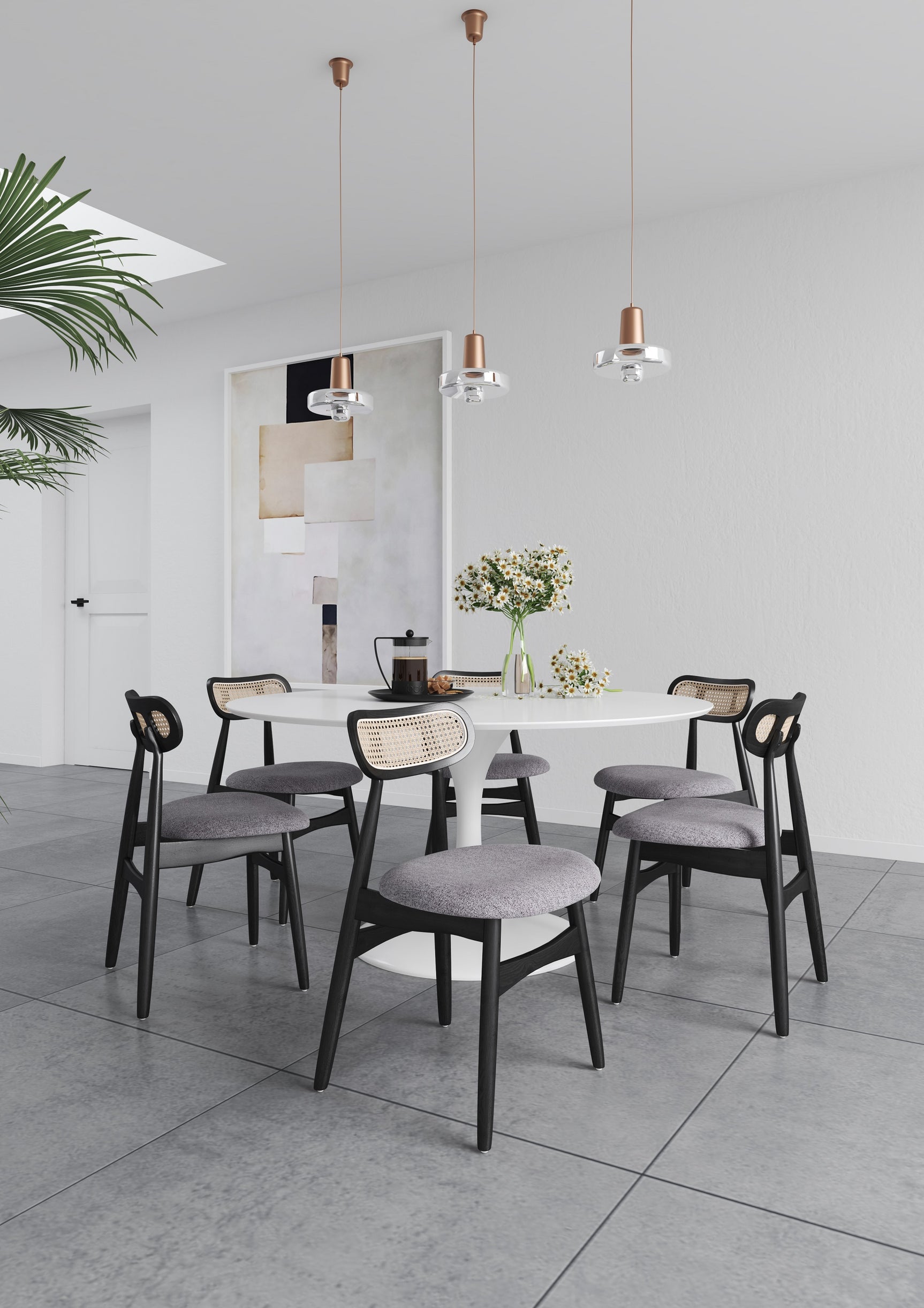 Colbert Dining Chair in Black and Cane with Grey Upholstered Seating (set of 4) - Ornate Home