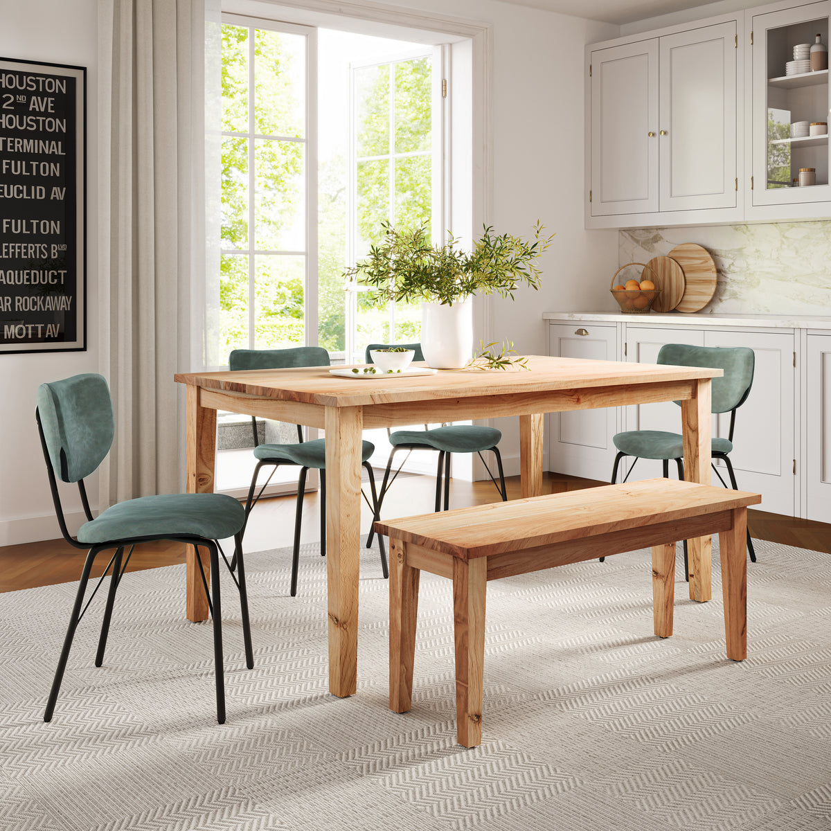 Colby Natural/Jade Rect. Dining Table, Bench w/ 4 Owen Chairs - Ornate Home