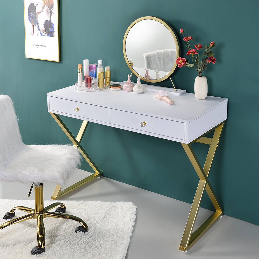 Coleen White Vanity Desk w/Mirror & Jewelry Tray - Ornate Home