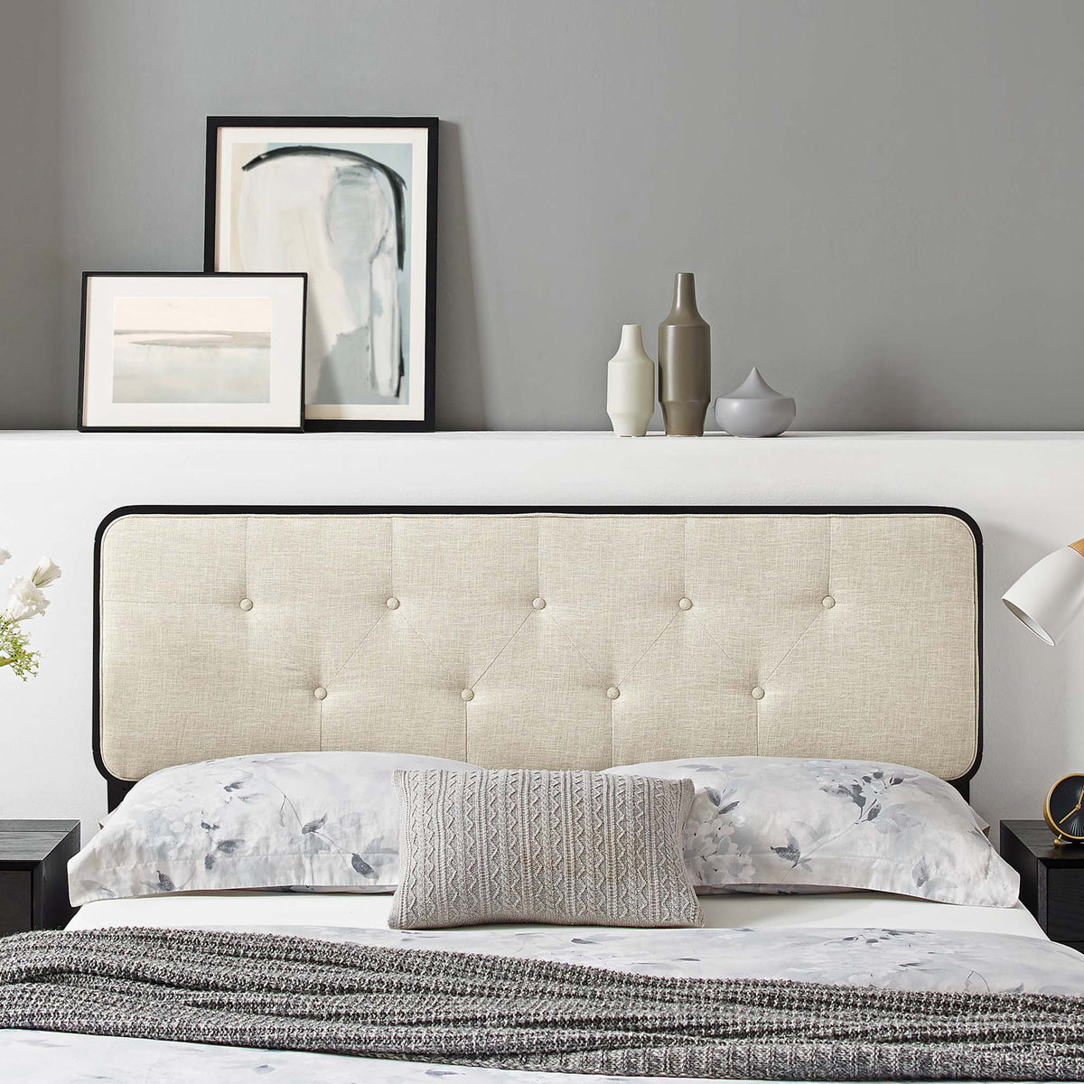 Collins Black/Beige Tufted Fabric and Wood Full Headboard - Ornate Home