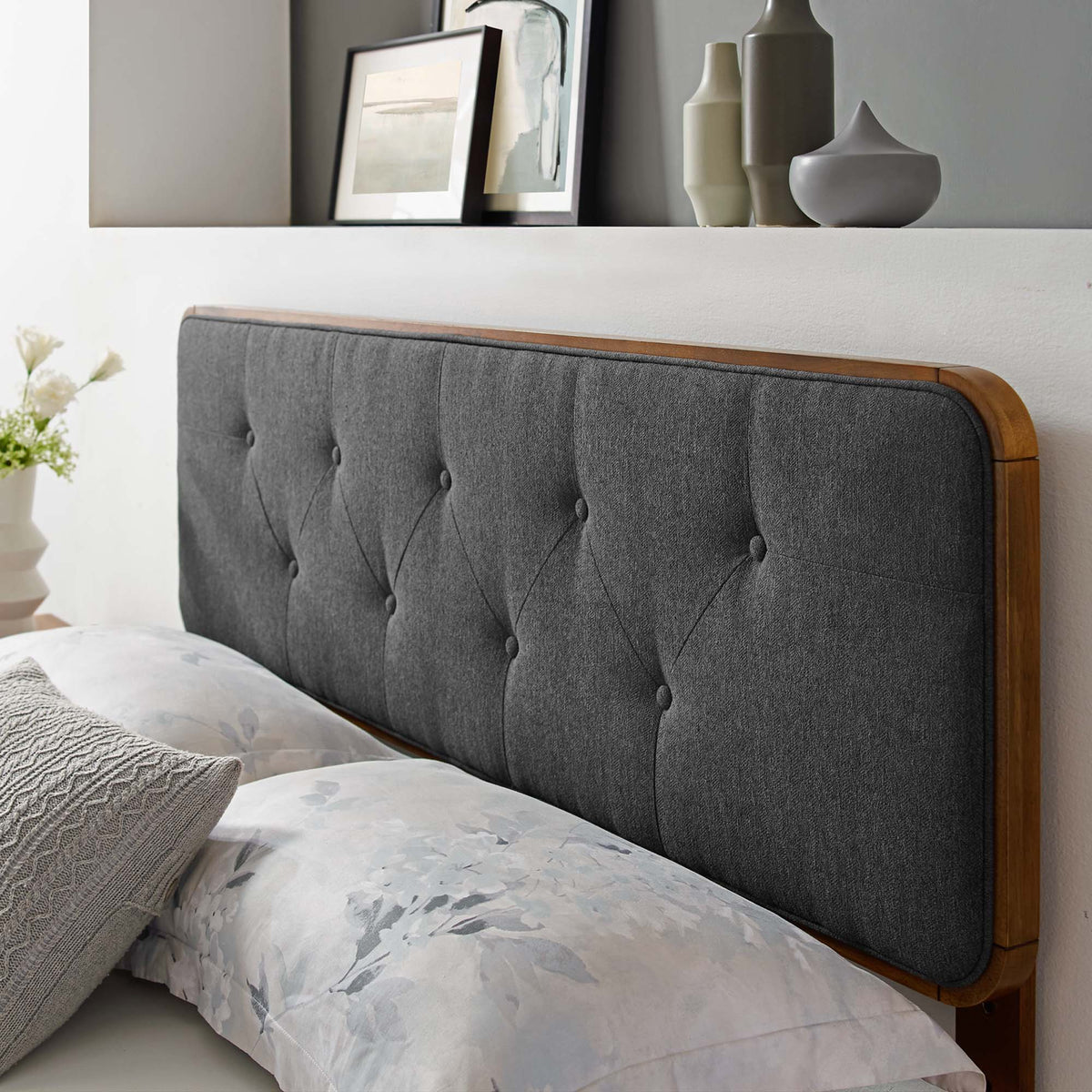 Collins Walnut/Charcoal Tufted Fabric and Wood Twin Headboard - Ornate Home