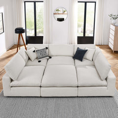 Commix Ivory 6-Piece Down Filled Overstuffed Boucle Fabric Sectional Sofa - 80x120" - Ornate Home