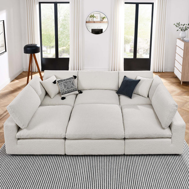 Commix Ivory 6-Piece Down Filled Overstuffed Boucle Fabric Sectional Sofa - 80x120" - Ornate Home