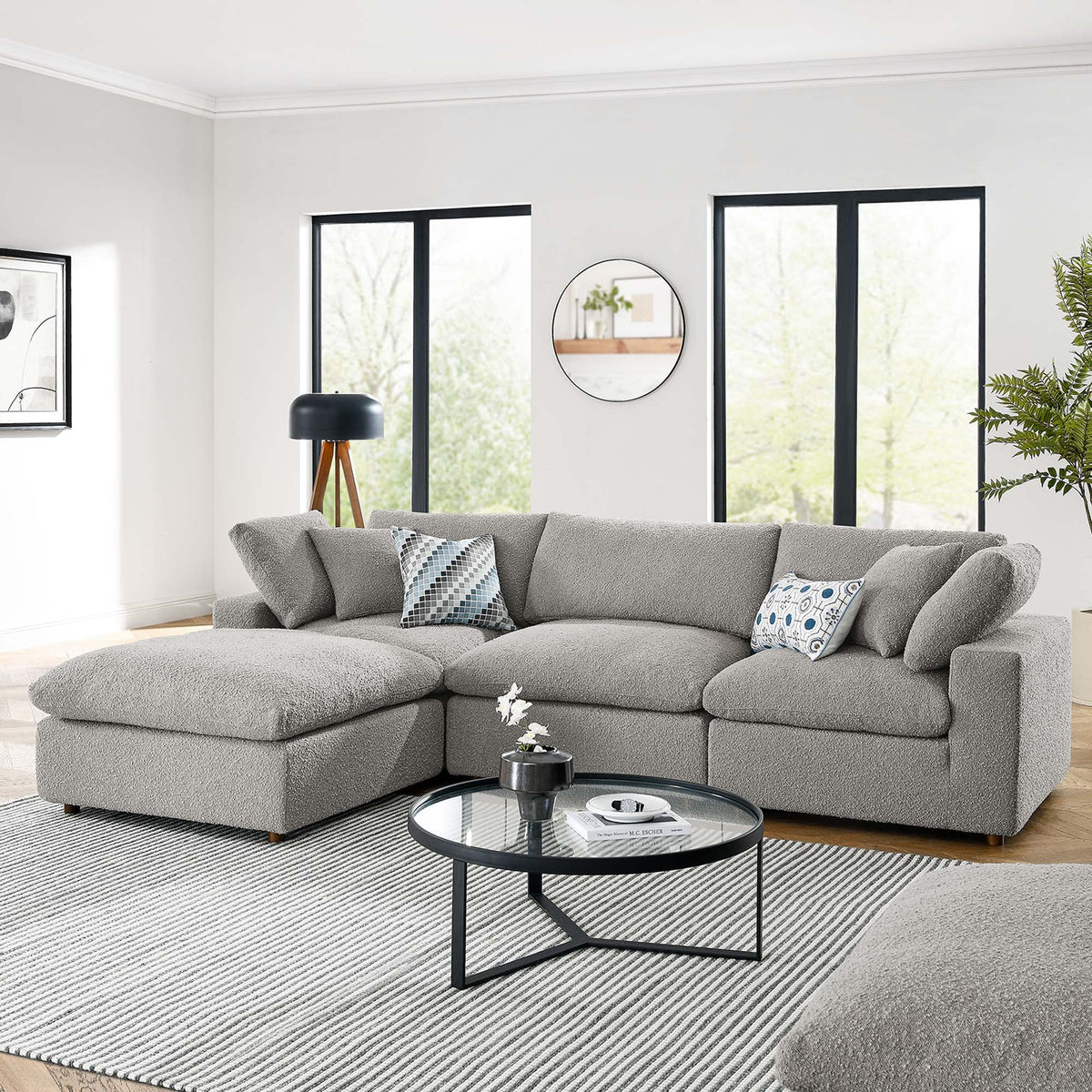 Commix Light Gray 4-Piece Down Filled Overstuffed Boucle Fabric Sectional Sofa - Ornate Home
