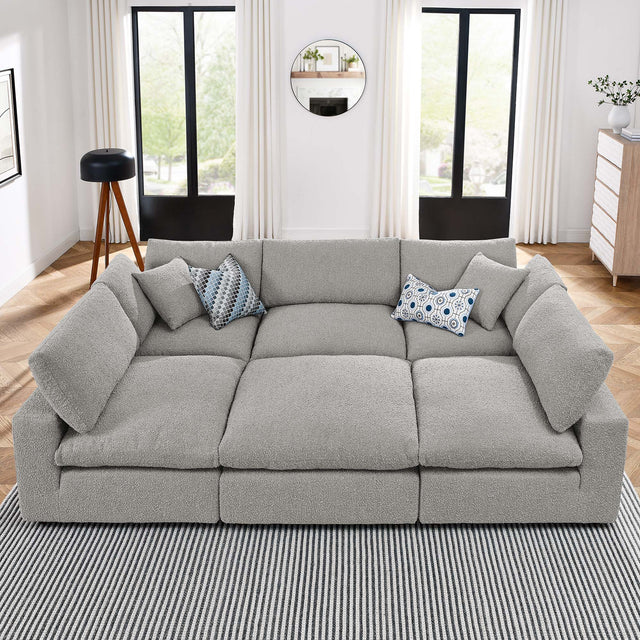 Commix Light Gray 6-Piece Down Filled Overstuffed Boucle Fabric Sectional Sofa - 80x120" - Ornate Home