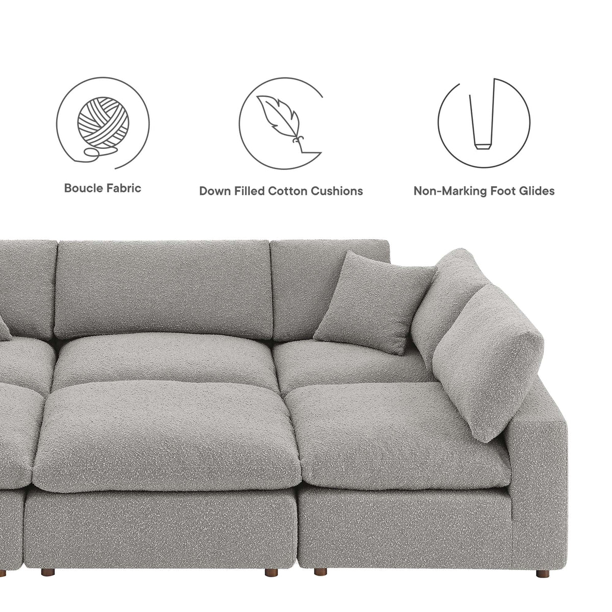 Commix Light Gray 6-Piece Down Filled Overstuffed Boucle Fabric Sectional Sofa - 80x120" - Ornate Home