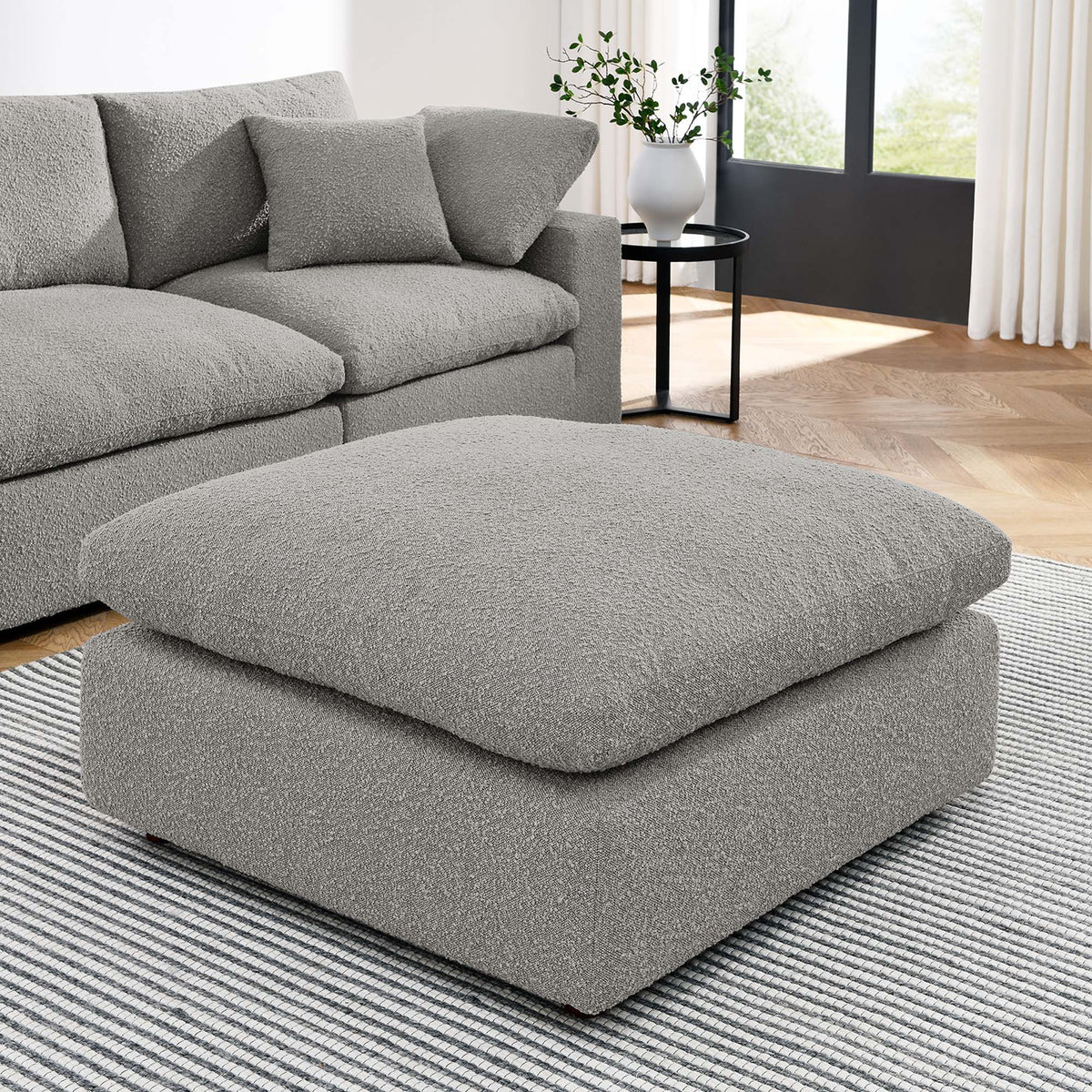 Commix Light Gray Down Filled Overstuffed Boucle Fabric Ottoman - Ornate Home