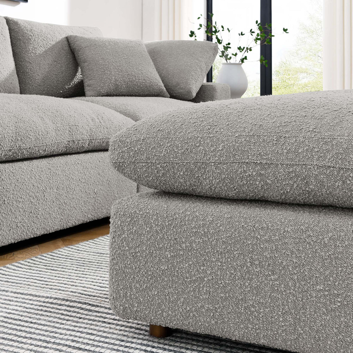 Commix Light Gray Down Filled Overstuffed Boucle Fabric Ottoman - Ornate Home