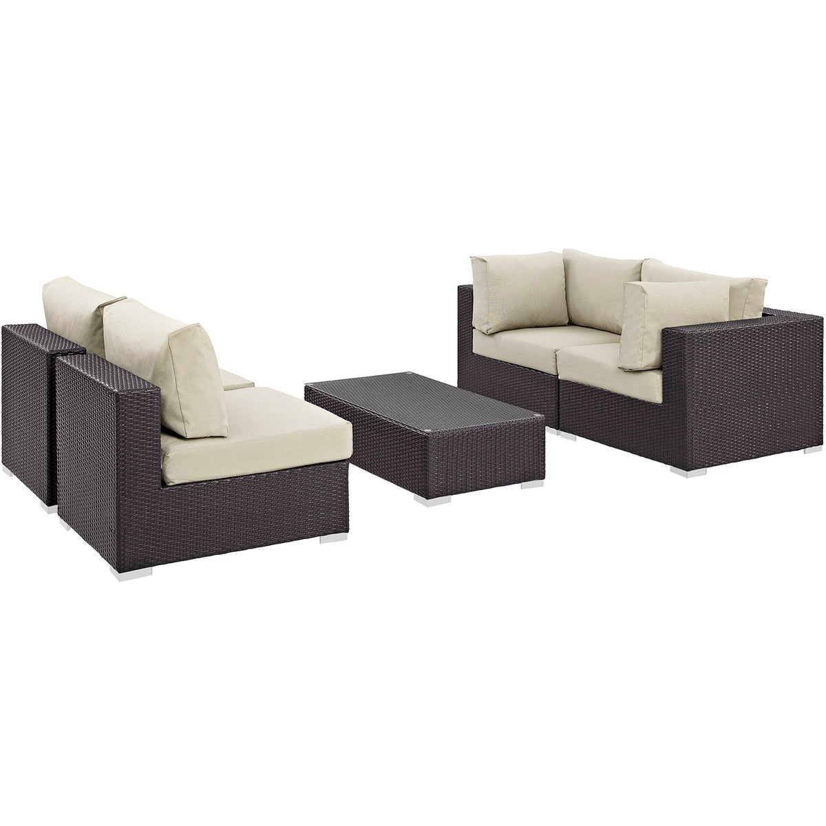 Convene Espresso/Beige 5 Piece Outdoor Patio Sectional Set - 67x134" - Ornate Home