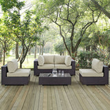 Convene Espresso/Beige 5 Piece Outdoor Patio Sectional Set - 67x134" - Ornate Home