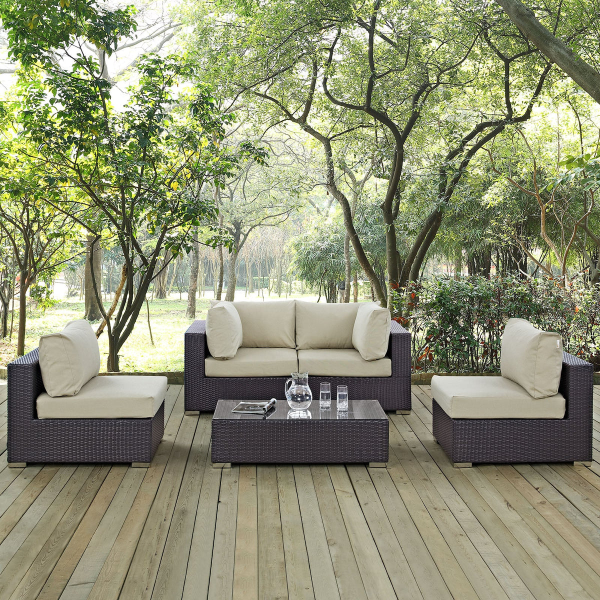 Convene Espresso/Beige 5 Piece Outdoor Patio Sectional Set - 67x134" - Ornate Home