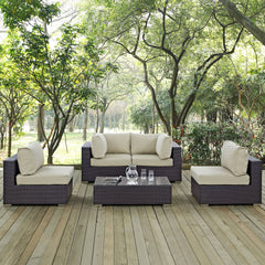 Convene Espresso/Beige 5 Piece Outdoor Patio Sectional Set - 67x134" - Ornate Home