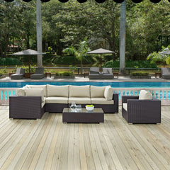 Convene Espresso/Beige 7 Piece Outdoor Patio Sectional Set - 67x167.5" - Ornate Home