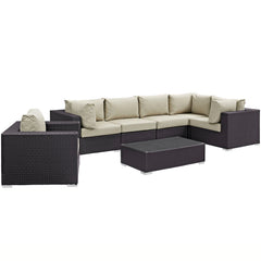 Convene Espresso/Beige 7 Piece Outdoor Patio Sectional Set - 67x167.5" - Ornate Home