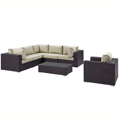 Convene Espresso/Beige 7 Piece Outdoor Patio Sectional Set - 67x167.5" - Ornate Home