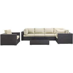 Convene Espresso/Beige 7 Piece Outdoor Patio Sectional Set - 67x167.5" - Ornate Home