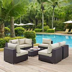 Convene Espresso/Beige 7 Piece Outdoor Patio Sectional Set - 67x201" - Ornate Home