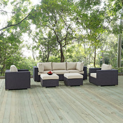 Convene Espresso/Beige 7 Piece Outdoor Patio Sectional Set - 73x169.5" - Ornate Home