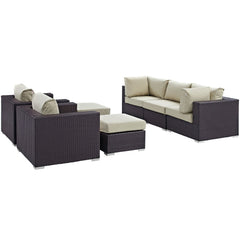Convene Espresso/Beige 7 Piece Outdoor Patio Sectional Set - 73x169.5" - Ornate Home