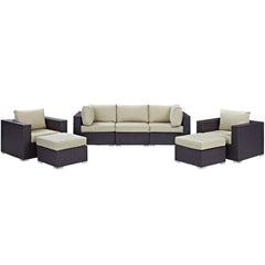 Convene Espresso/Beige 7 Piece Outdoor Patio Sectional Set - 73x169.5" - Ornate Home