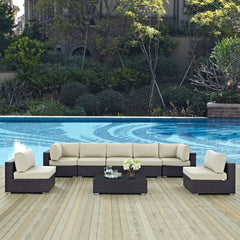 Convene Espresso/Beige 8 Piece Outdoor Patio Sectional Set - 64x226" - Ornate Home